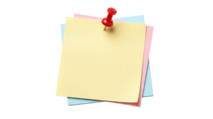 Stack of pastel sticky notes with red push pin isolated on transparent background.
