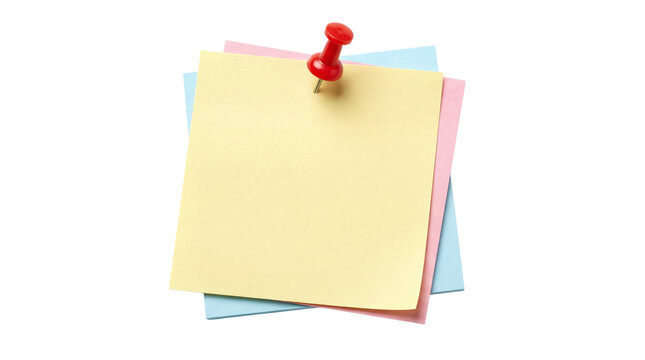 Stack of pastel sticky notes with red push pin isolated on transparent background.