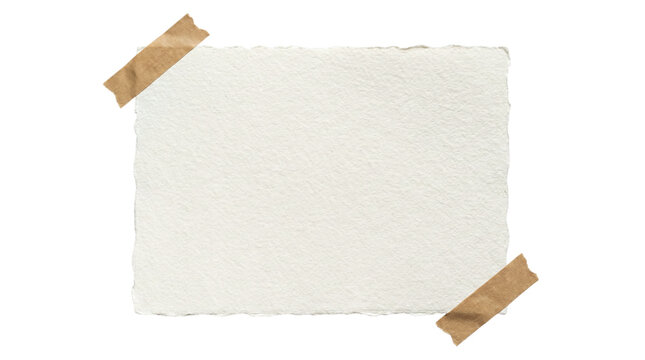 White torn paper sheet taped with brown masking tape isolated on transparent background.