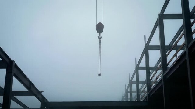 Crane hook with chain hanging above steel beam framework at construction site in foggy sky, low angle view