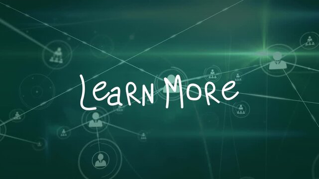 Animation of learn more over lens flare and profile icons interconnected with lines