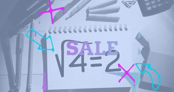 Animation of sale text with icons over school equipment
