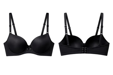 Front and back view of a blank black woman's bra isolated on white background.