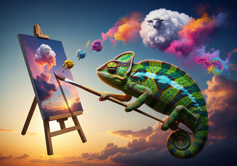 Surreal Chameleon Painting Sky in Fantasy Dreamscape