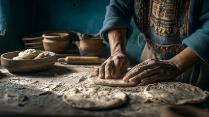 Hands of a Traditional Baker Kneading and Pressing Flatbread Dough on a Flour Covered Table
