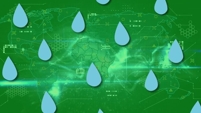 Animation of water drop icons in seamless pattern over digital wave and world map