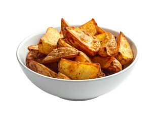 Golden brown potato wedges piled high in a white bowl