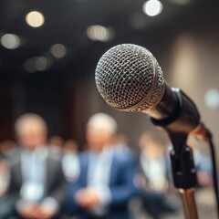 Silver Microphone Close-up with Blurred Audience in Conference