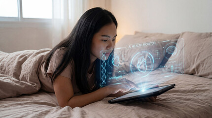 Woman analyzing AI health monitor hologram at home