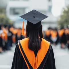 Graduate Wearing Black Gown with Orange Sash Standing Outdoors
