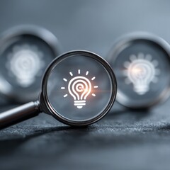 Light Bulb Idea Seen Through Magnifying Glass on Gray Surface