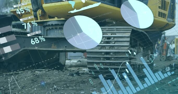 Animation of multicolored infographic interface over piled up metal scrap in scrapyard