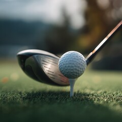 Golf Ball on Tee Ready for Drive on Green Turf Field