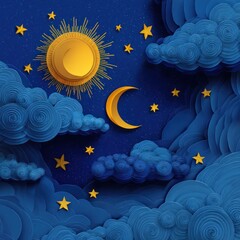 Blue Night Sky with Yellow Sun Moon and Stars Paper Art