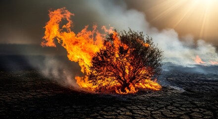 Bush ablaze in a wildfire on scorched earth. Environmental disaster and climate change impact concept, showcasing destruction and global warming.