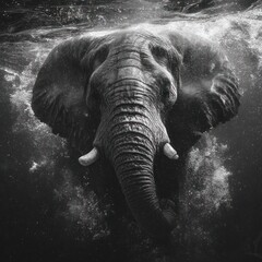 Monochrome Elephant Swimming in Dark Water with Bubbles