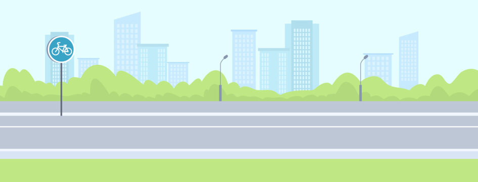 Urban bicycle lane with sign, flat graphic style, modern city skyline and greenery in background, concept of eco-friendly transport. Vector illustration