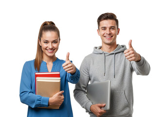 Smiling Students with Books and Laptop Giving Thumbs-Up