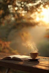 Sunrise Coffee With Open Book On Wooden Terrace
