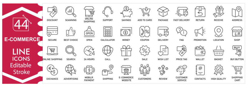 E commerce icons set, online shopping, digital store, cart, payment, delivery, order process, customer service, marketplace, retail, business, professional design editable stroke vector Illustration 
