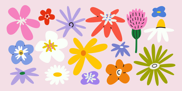 Cute set of spring flowers in hand drawn groovy style for stickers, greeting cards, banner, patches, labels, stamps. Trendy hippie botanical wildflowers collection