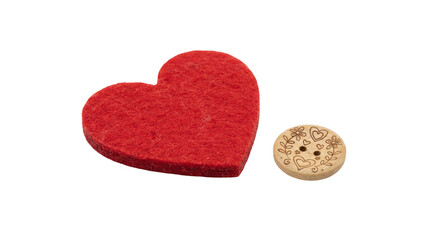 Red Felt Heart and Wooden Button on White Background