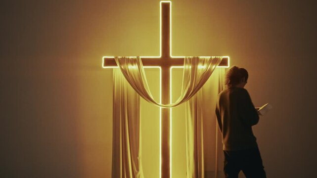 Filled with fervor, a believer paces the sanctuary, his voice a soft murmur as he reads from the Bible.