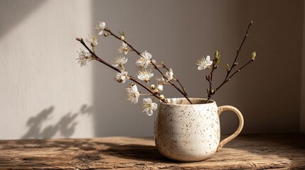White Blossoms In Ceramic Cup On Wooden Surface
