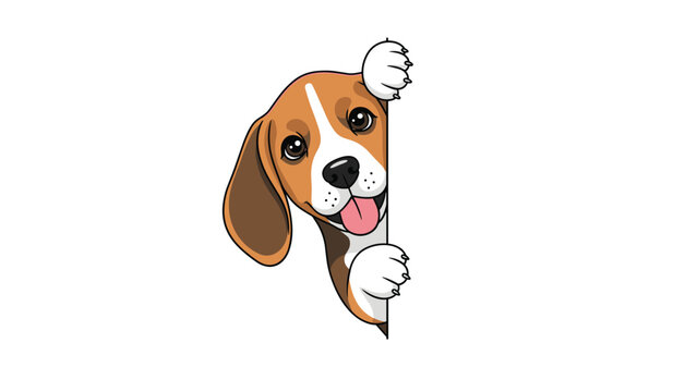 Sweet beagle puppy with long ears peeks around a white vertical corner in a lovely and playful vector illustration.
