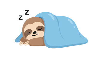 Fototapeta premium Lazy sloth sleeping soundly under a cozy blue blanket with letter z symbols floating above in a cute cartoon art.