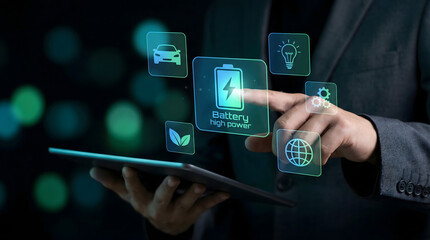 Businessman interacting with futuristic high power battery holographic interface on dark b