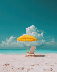 Tropical Beach Scene With Yellow Umbrella And Beach Chair