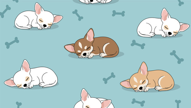 Seamless pattern featuring cute sleeping chihuahua puppies in various colors and small bones on a blue background for fabrics.