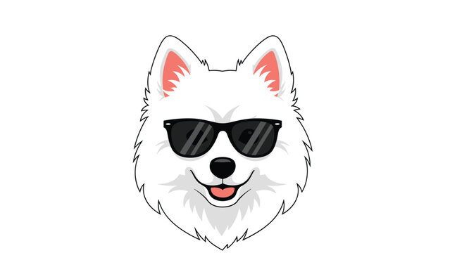 Cool white samoyed dog wearing black sunglasses and smiling happily on a clean white background, perfect for summer themes.