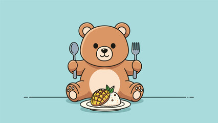 Cute brown bear sitting at a table about to eat a plate of mango sticky rice with a spoon and fork on a blue background.