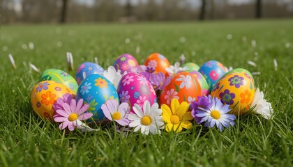 Fototapeta premium art Colorful Easter eggs decorated with flowers in the grass on 