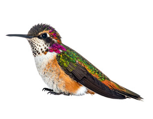 Obraz premium Tiny hummingbird with iridescent green, purple, and orange feathers