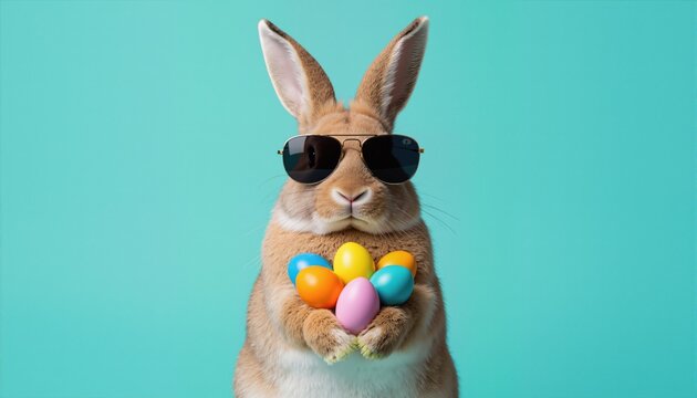 An easter bunny rabbit wearing sunnies, shades, sunglasses holding colourful easter eggs against a turquoise isolated background with room for text.
