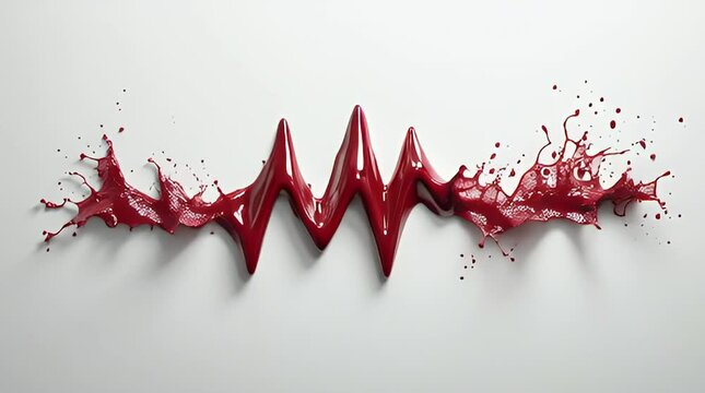 Vibrant red blood liquid splashes form an ECG pattern on a wall.