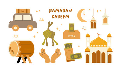 Ramadan Kareem Element Set with Flat Islamic Illustrations in Warm Terracotta Color