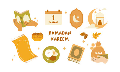 Ramadan Kareem Element Set with Flat Islamic Illustrations in Warm Terracotta Color