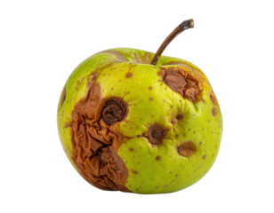 A close-up of a rotten green apple showing its deteriorating texture and color, symbolizing waste and decay.