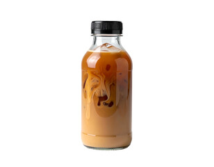 Clear bottle with iced coffee, cream swirls, and black cap