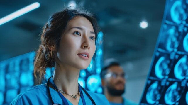 Female Asian Radiologist Collaborates in Hospital Office for Diagnosis and Treatment