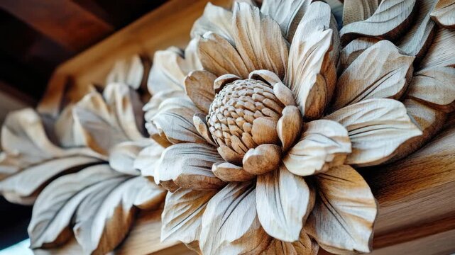Intricately carved pinecone and leaf pattern in wood. Close-up of an artistic design.