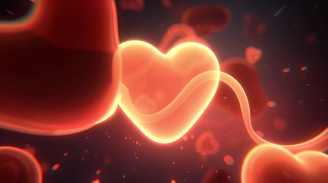 Glowing hearts float in a dark space with warm light.