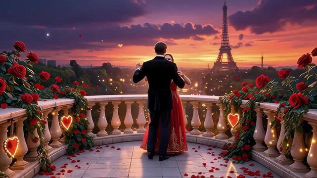 Lovers dance tango on a balcony among red roses overlooking the Eiffel Tower.