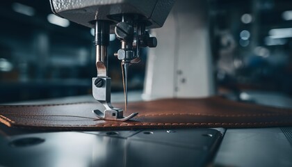 Close-up of a sewing machine needle stitching brown leather material in a workshop