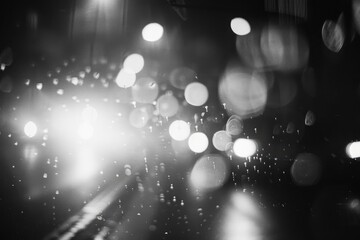 Blurred lights during rainy night in city, street scene, blurry glow for backgrounds