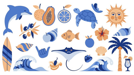 Fototapeta premium Vibrant Tropical Summer Icon Collection: Beach, Sun, and Ocean Elements
